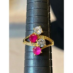 Gold Tone and Pink Crystal Rhinestone Ring Size 8